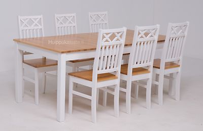 Vilja ruokaryhmä. Pöytä 140x90+40cm + 6-tuolia pyökki/valkoinen
