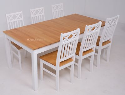 Vilja ruokaryhmä. Pöytä 140x90+40cm + 6-tuolia pyökki/valkoinen