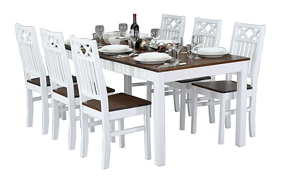 Vilja ruokaryhmä. Pöytä 140x90+40cm + 6-tuolia valkoinen/pähkinä