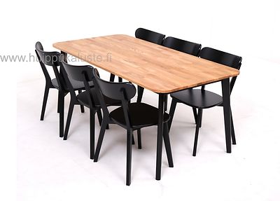 Mari ruokaryhmä. Pöytä 170x85cm + 6-tuolia musta/tammi