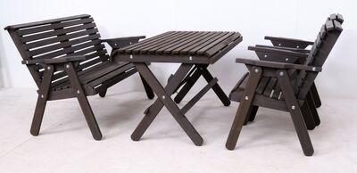Grön pöytä+2-tuolia ja penkki harmaa