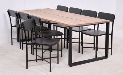 Edna lankkupöytä 220x90cm antiikkipetsattu/musta+8kpl Kerala tuoleja