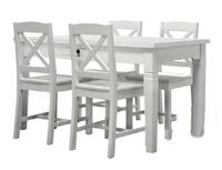 Acazia Madrid ruokaryhmä. Pöytä 135x80 valkea + 4-Madrid tuolia