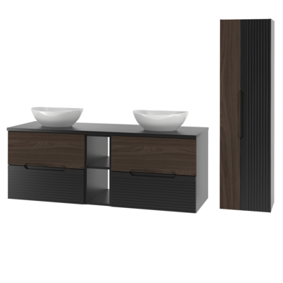 AVELLA-02 Pesuallaskaappi työtasolla ja pesualtaalla sekä seinäkaappilla MUSTA / PÄHKINÄPUINEN Setti-7